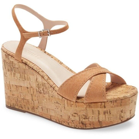 Schutz Women's 8.5B Bellina Wedge Platform Sandals Kork Boho Casual Honey Beige - Picture 1 of 7